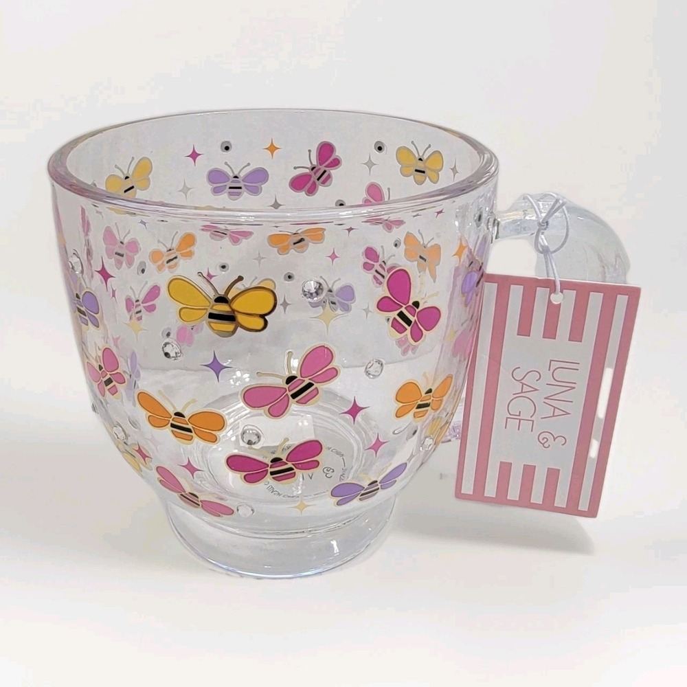 Clear Glass Mug Hand-Painted Artsy Butterflies Bees Wit Rhinestones By Luna Sage